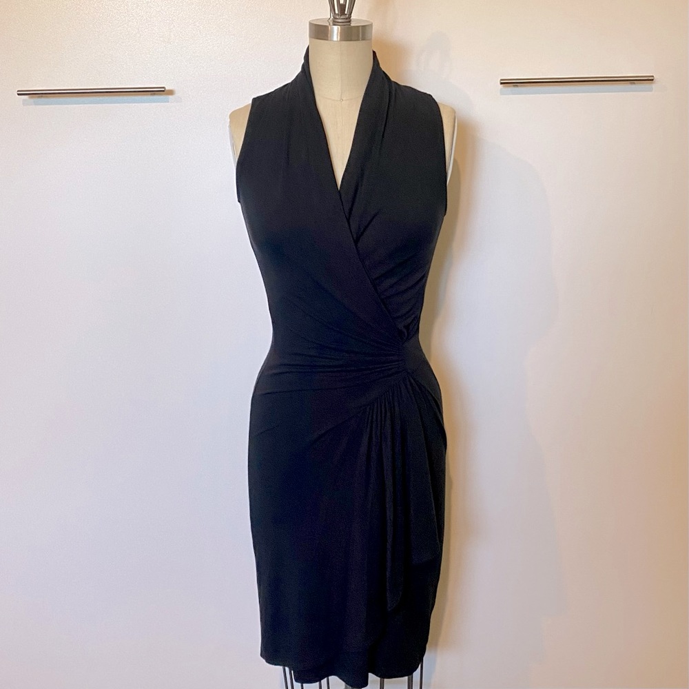 Karen Kane Black Jersey Faux Wrap Drape Dress